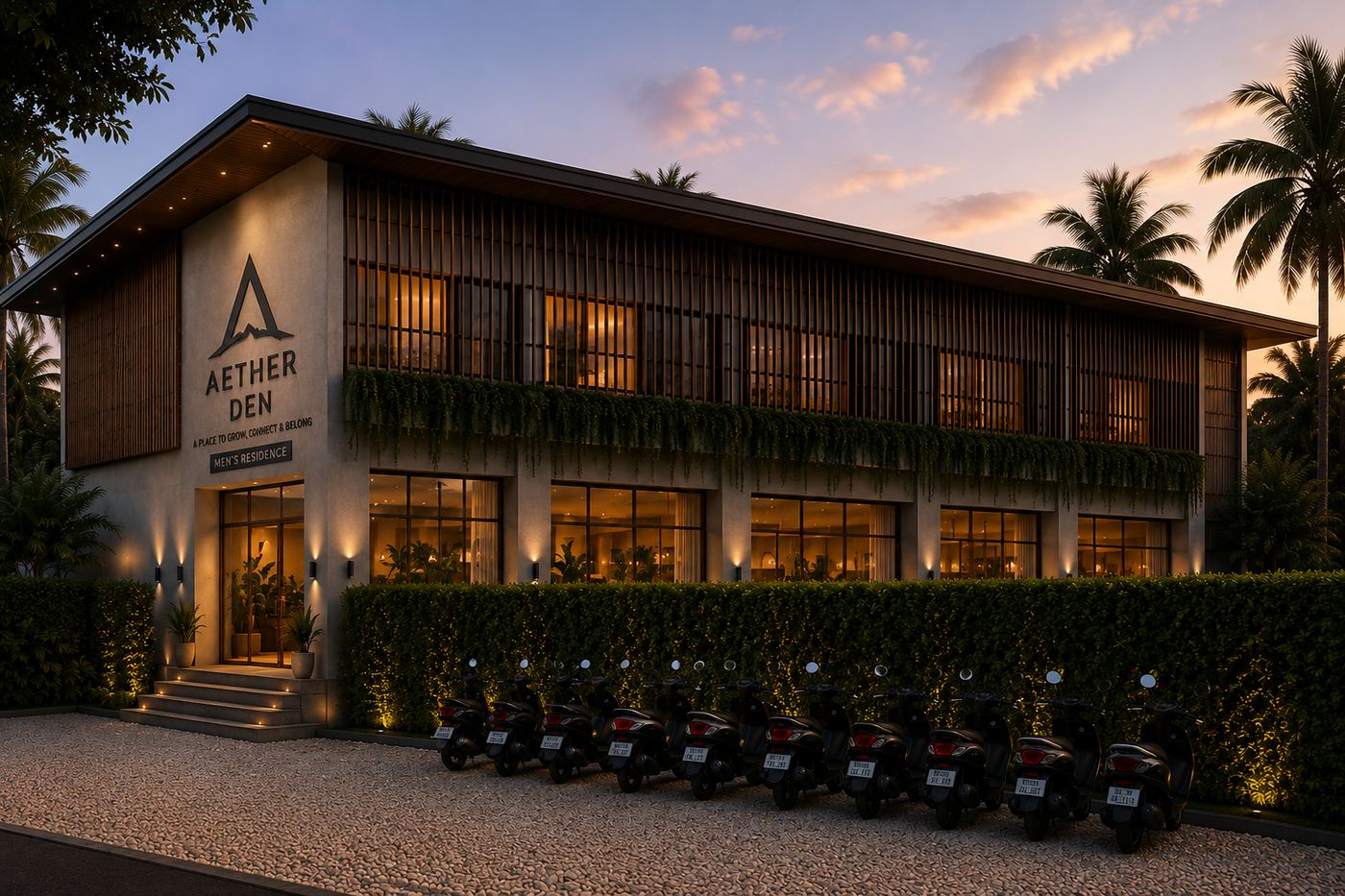 Aether Den building exterior — men-only co-living residence, South Lombok