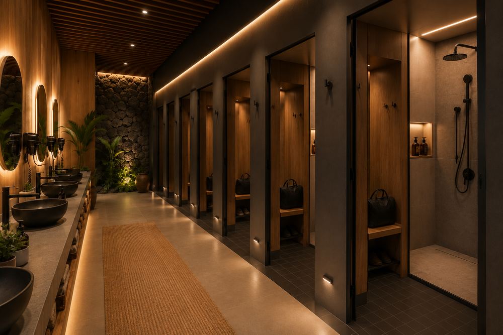 Aether Den locker room and showers — men-only facilities