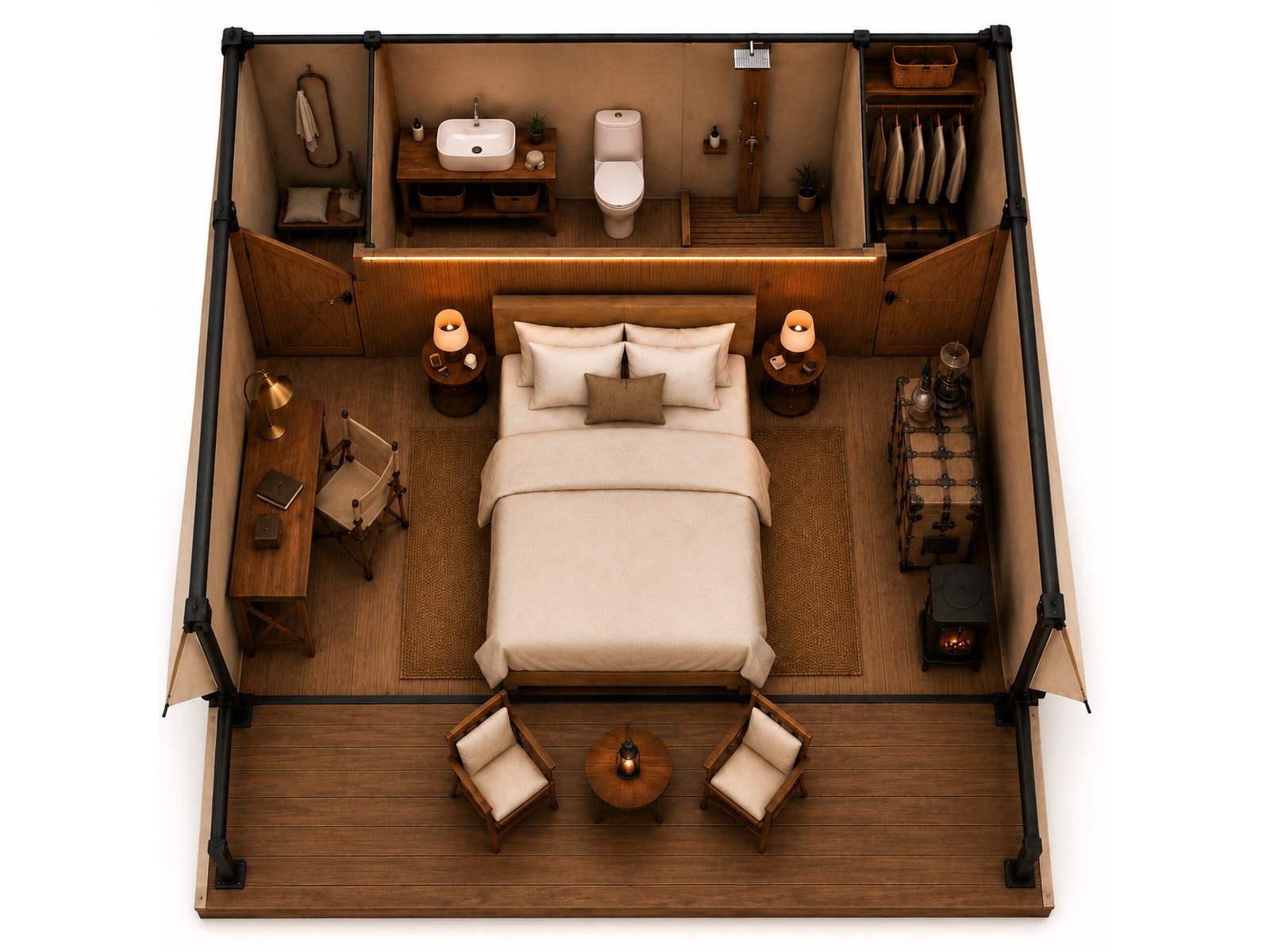 Couple Lodge floor plan — 4x4m tent, The Aether Lodge