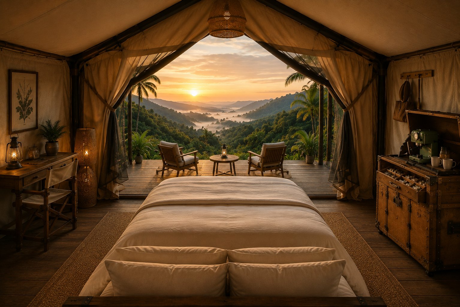 Couple Lodge interior, The Aether Lodge glamping resort