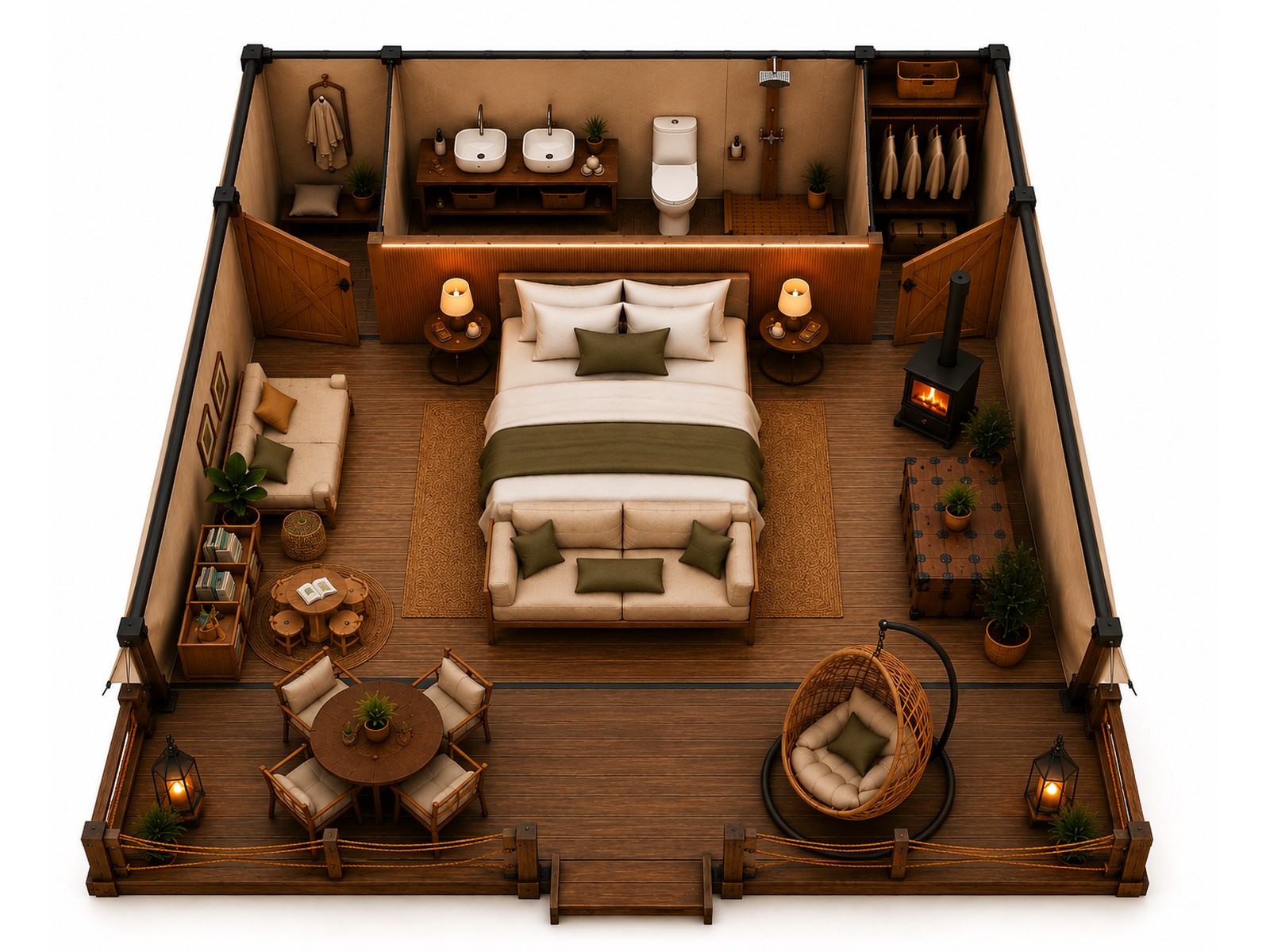 Family XL Lodge floor plan — 6x5m tent, The Aether Lodge