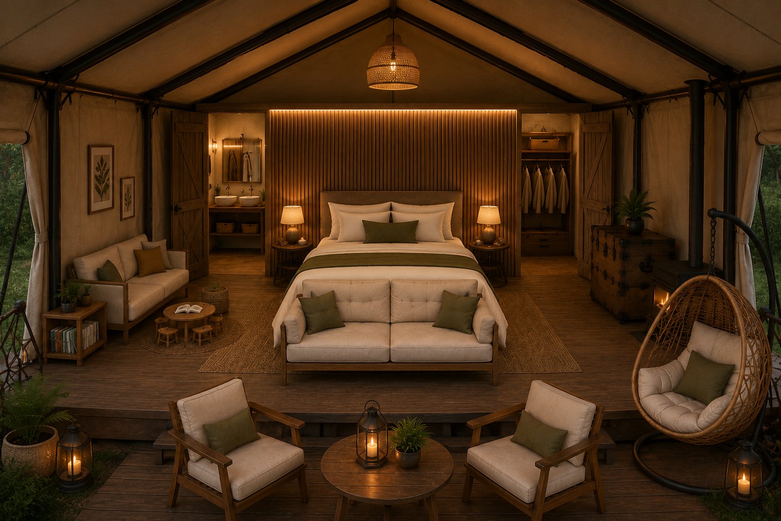 Family XL Lodge interior, The Aether Lodge glamping resort