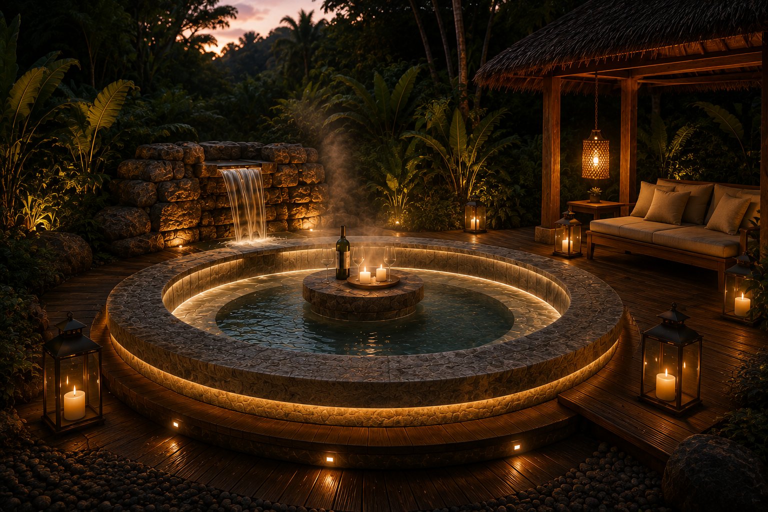 Aether Spring hot tub at dusk, The Aether Lodge