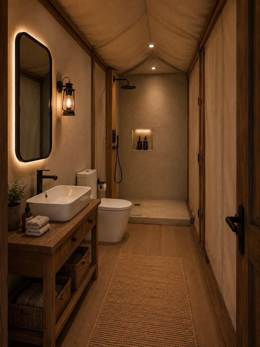 Tent bathroom, open concept, The Aether Lodge