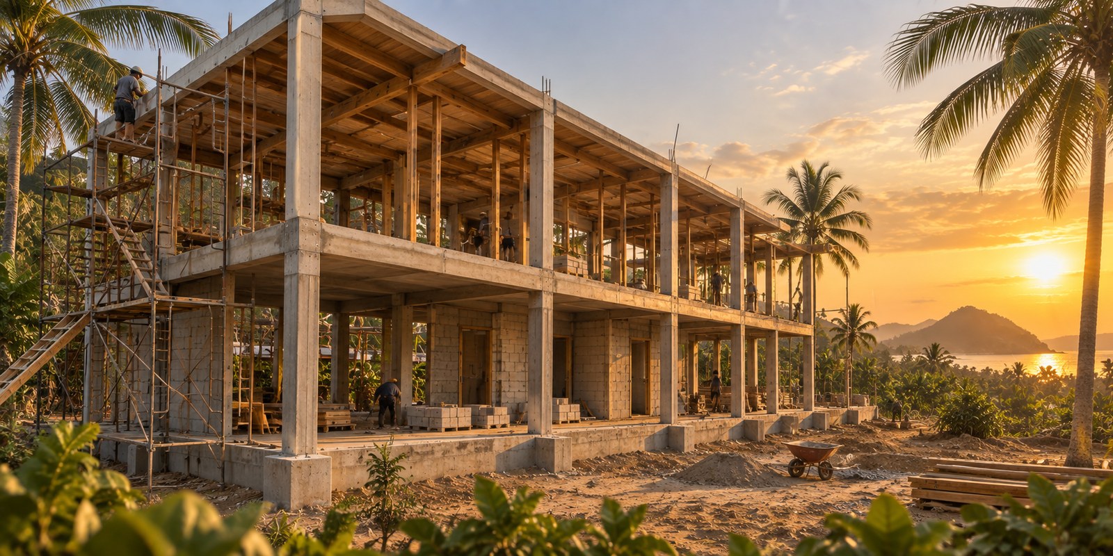 Two-story Aether Nest & Aether Den pod residence building under construction, raised concrete platform and structural frame, South Lombok