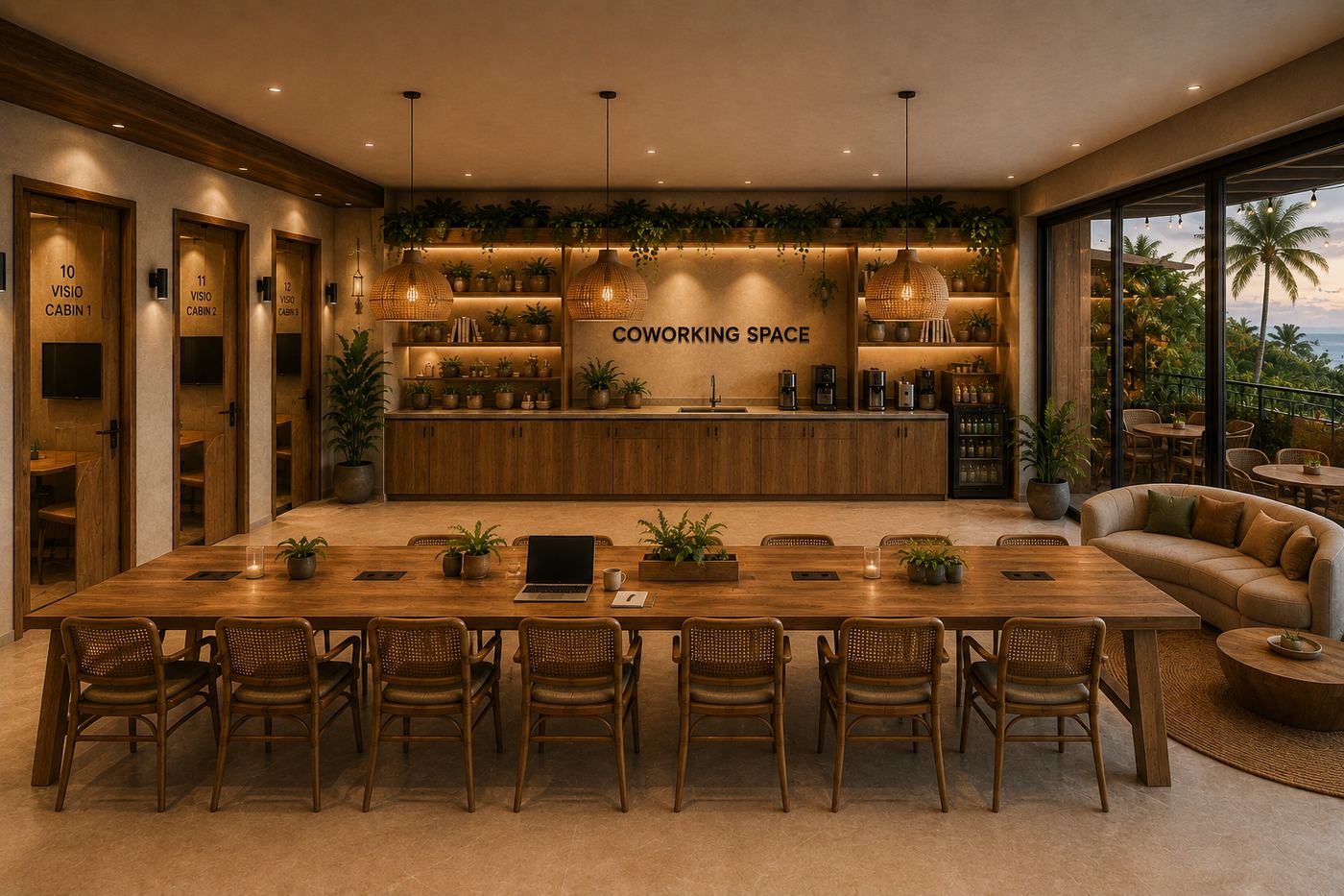 Aether Nest & Aether Den co-working lounge — shared workspace for digital nomads