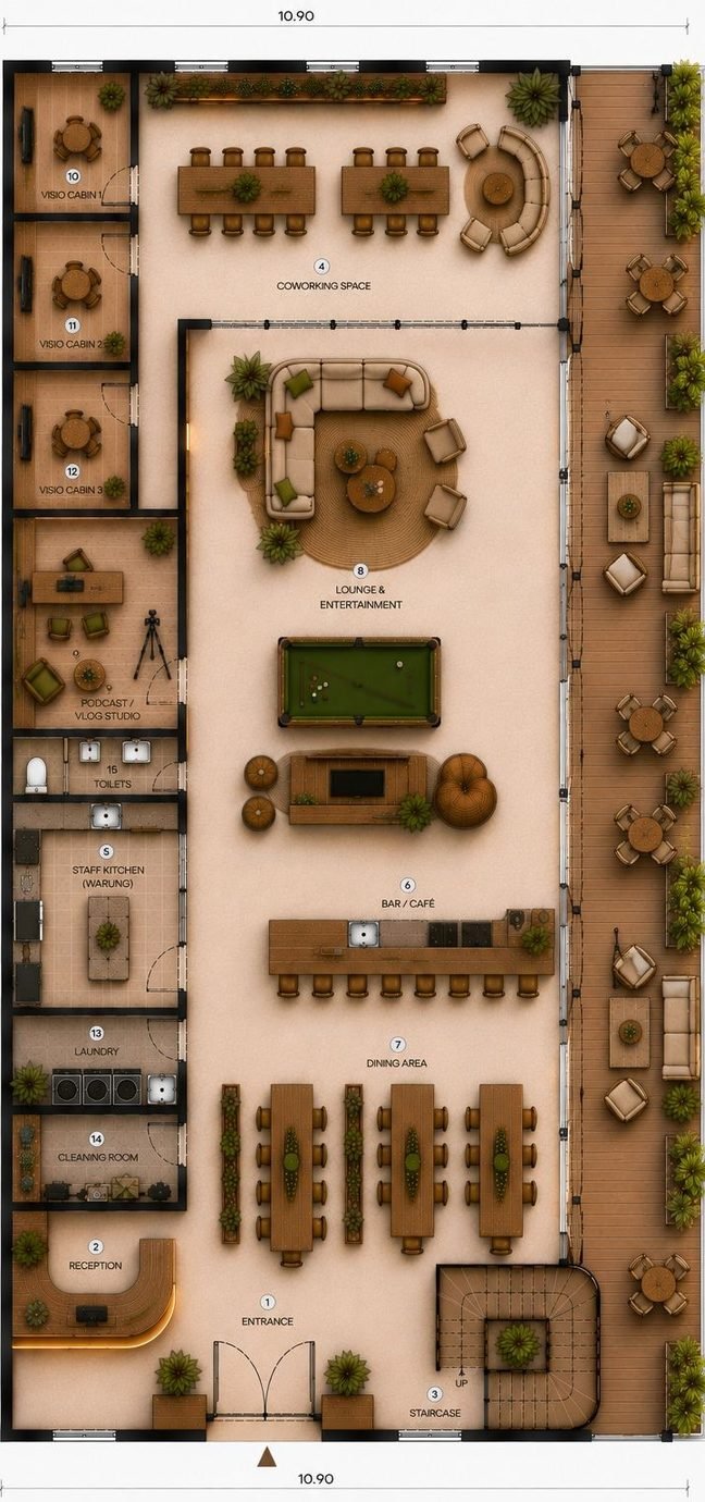 Aether Nest & Aether Den ground floor plan (RDC) — reception, dining, kitchen, staff areas