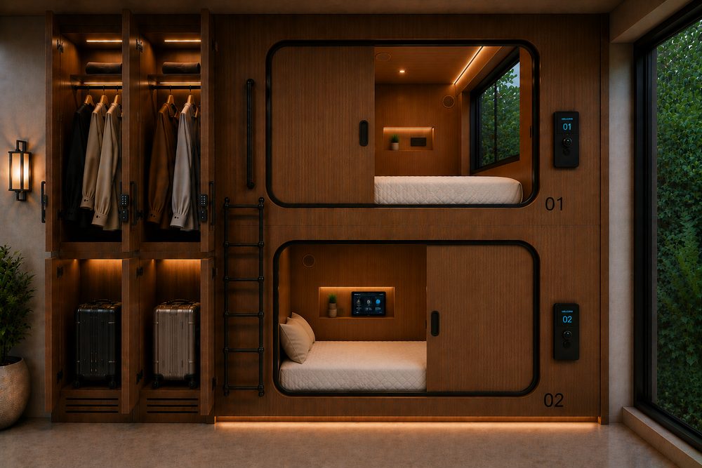 Pod interior — double bunk configuration with built-in wardrobe, Aether Nest & Aether Den