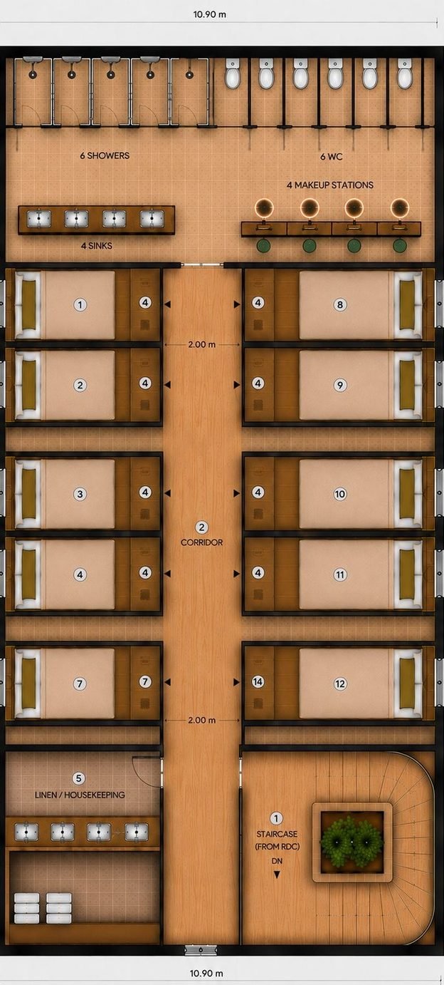 Aether Nest & Aether Den pods floor plan, upper level — 12 double pod layout