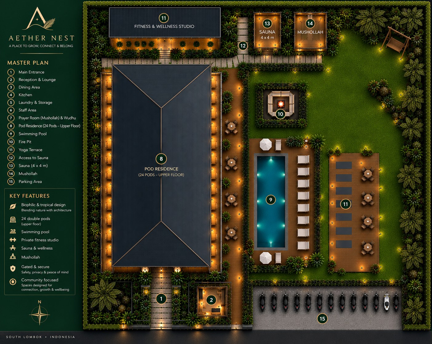Plan de masse Aether Nest & Aether Den, français — 12 pods doubles, piscine, équipements bien-être