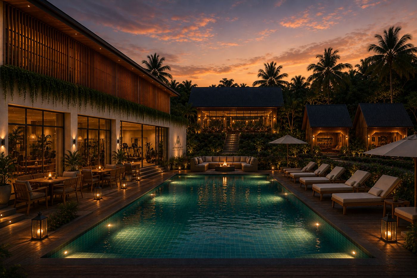 Aether Nest & Aether Den swimming pool at dusk, South Lombok co-living residence