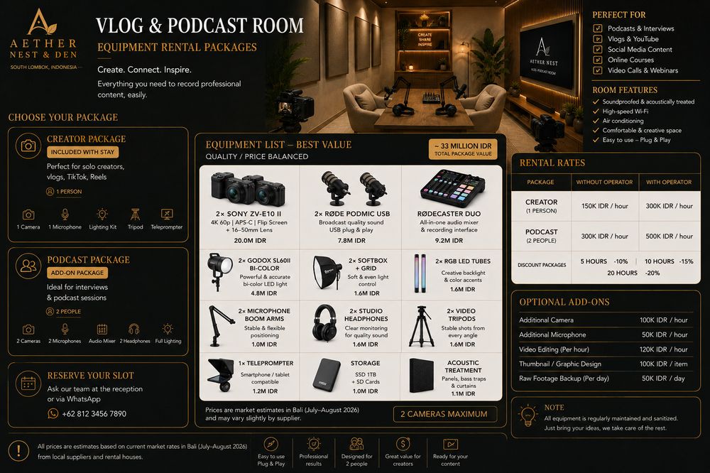 Aether Nest & Aether Den vlog and podcast room equipment rental flyer