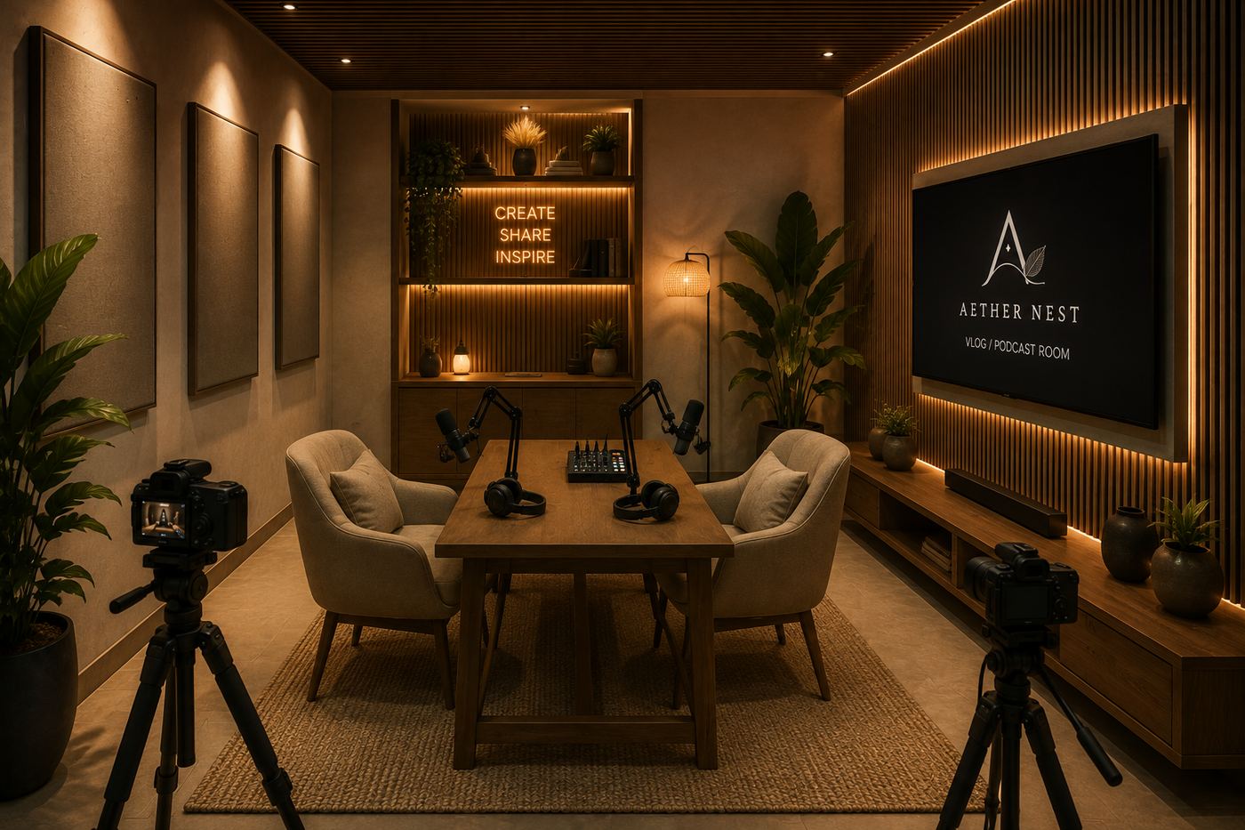 Aether Nest & Aether Den vlog and podcast recording room with camera and mic setup