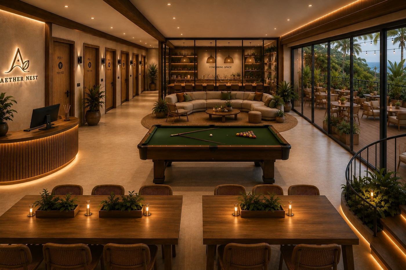 Aether Nest & Aether Den warung and café lounge, shared dining space