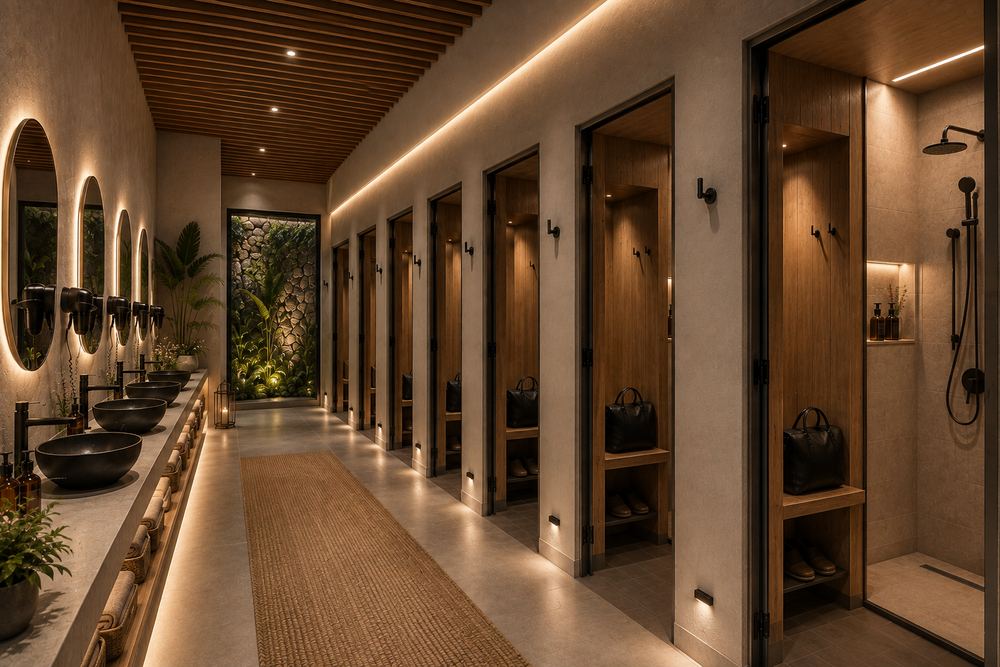 Aether Nest locker room and showers — women-only facilities