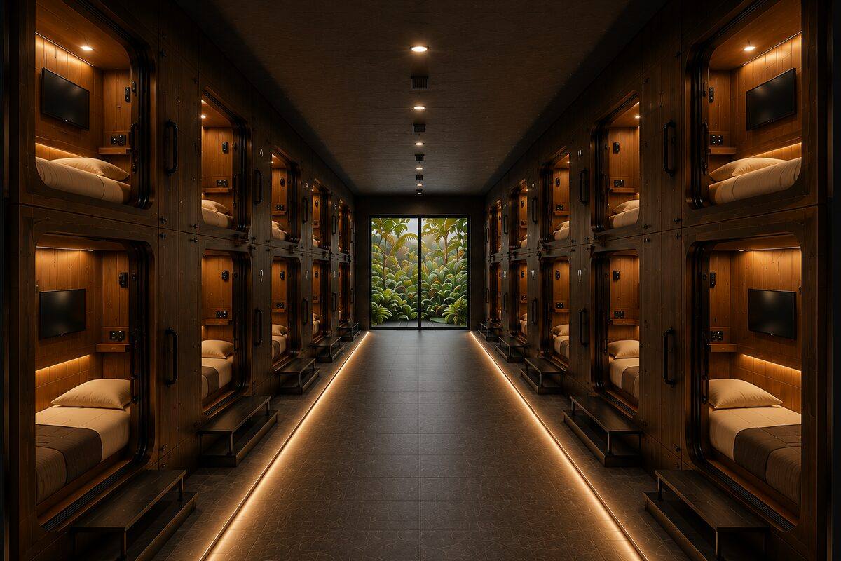Concept ecosystem — capsule hospitality interior, Aetherial Studio