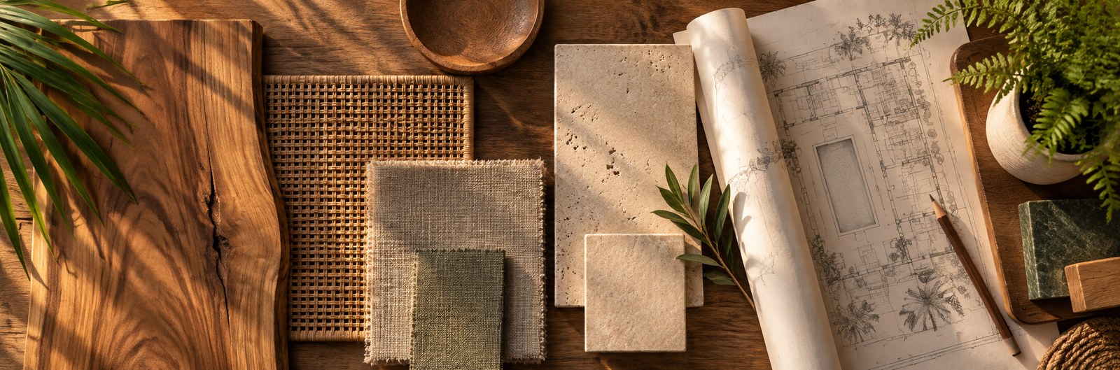 Aetherial Studio — validated concept, materials and blueprint flat lay